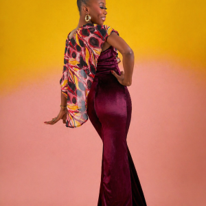 The Bloomberry velvet dress with colourful chiffon cape